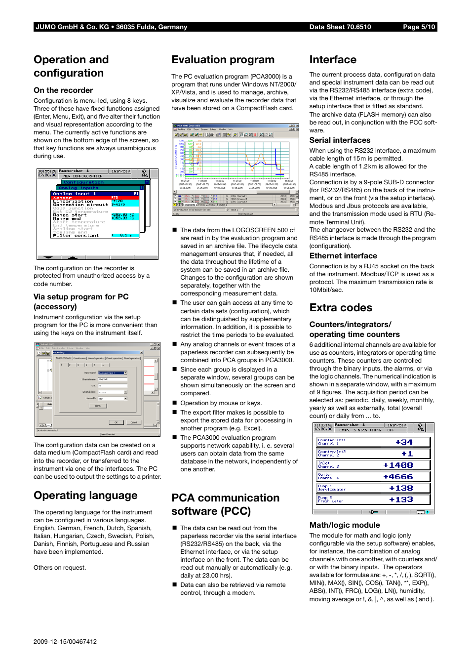 Operation and configuration, Operating language, Evaluation program | Pca communication software (pcc), Interface, Extra codes | JUMO 706510 LOGOSCREEN 500 cf Data Sheet User Manual | Page 5 / 10