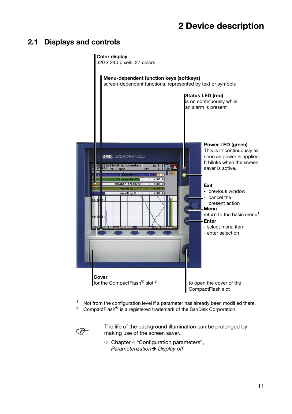 2 device description, 1 displays and controls, Device description | Displays and controls | JUMO 706510 LOGOSCREEN 500 cf Operating Manual User Manual | Page 11 / 140