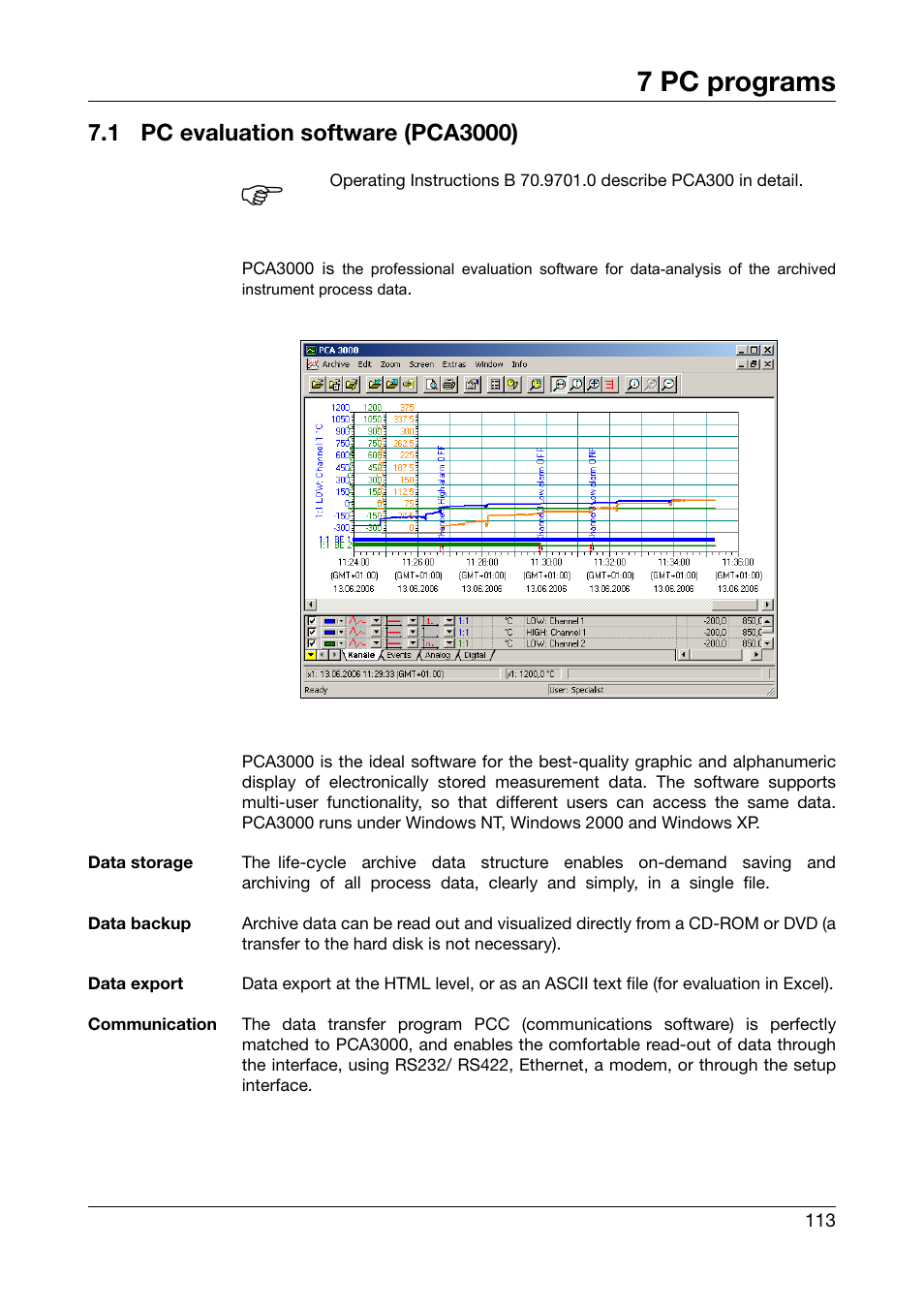 7 pc programs, 1 pc evaluation software (pca3000), Pc programs | Pc evaluation software (pca3000) | JUMO 706510 LOGOSCREEN 500 cf Operating Manual User Manual | Page 113 / 140