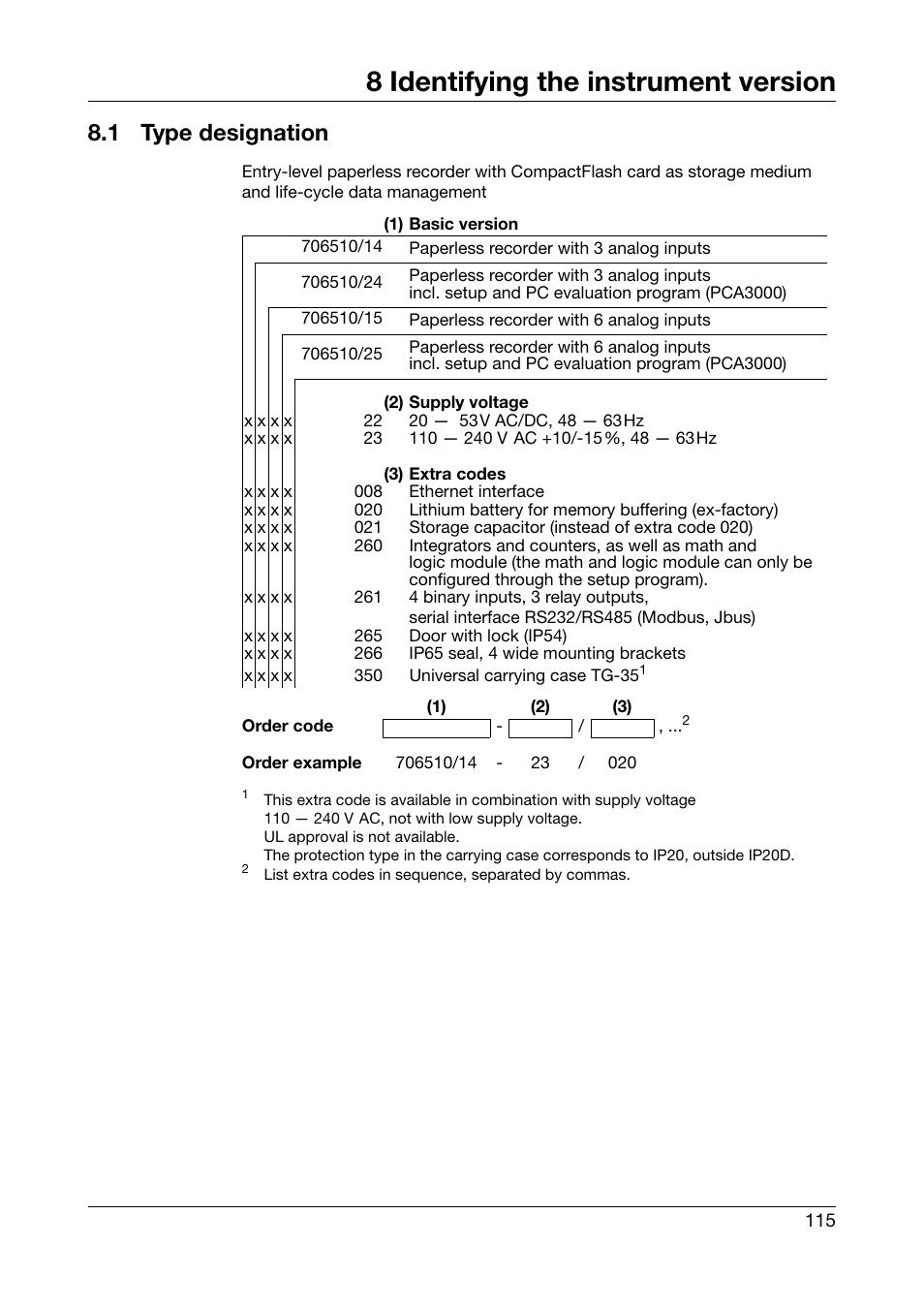 8 identifying the instrument version, 1 type designation, Identifying the instrument version | Type designation | JUMO 706510 LOGOSCREEN 500 cf Operating Manual User Manual | Page 115 / 140