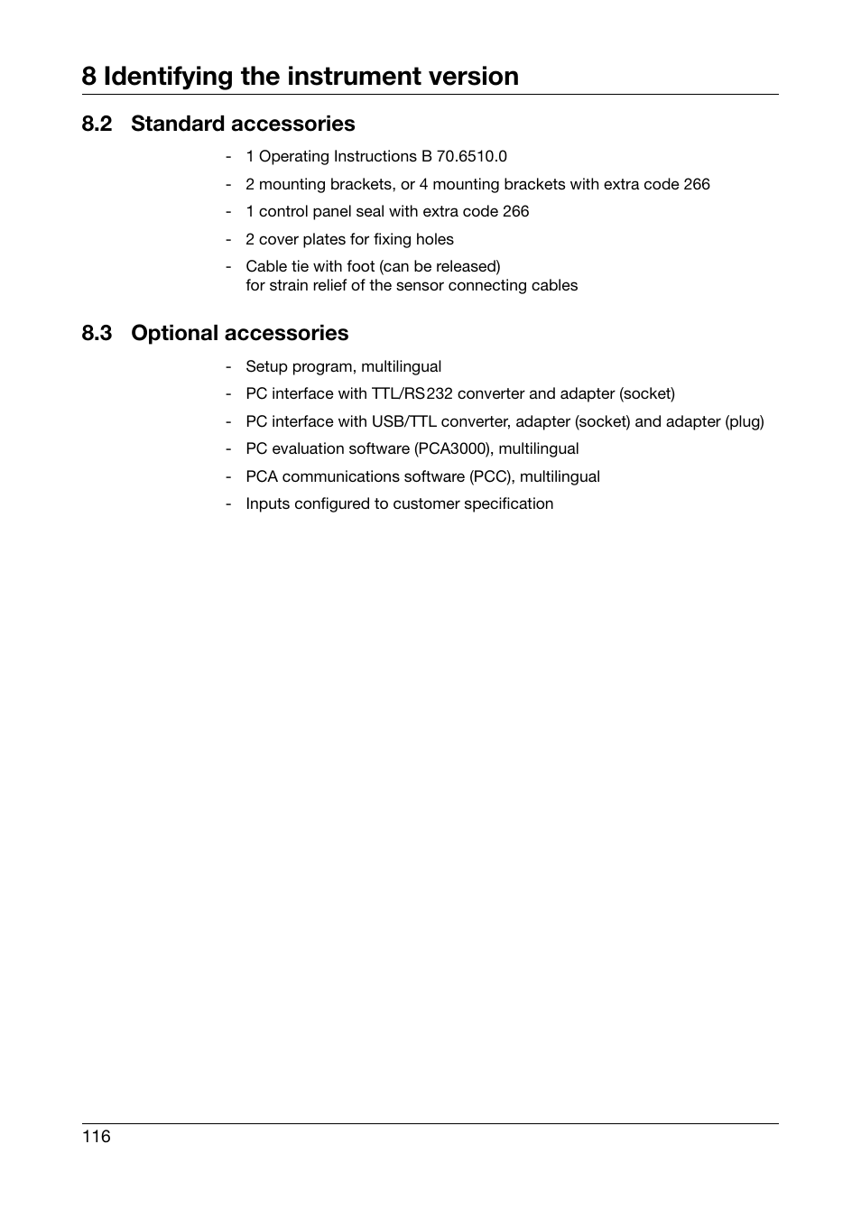 2 standard accessories, 3 optional accessories, Standard accessories | Optional accessories, 8 identifying the instrument version | JUMO 706510 LOGOSCREEN 500 cf Operating Manual User Manual | Page 116 / 140
