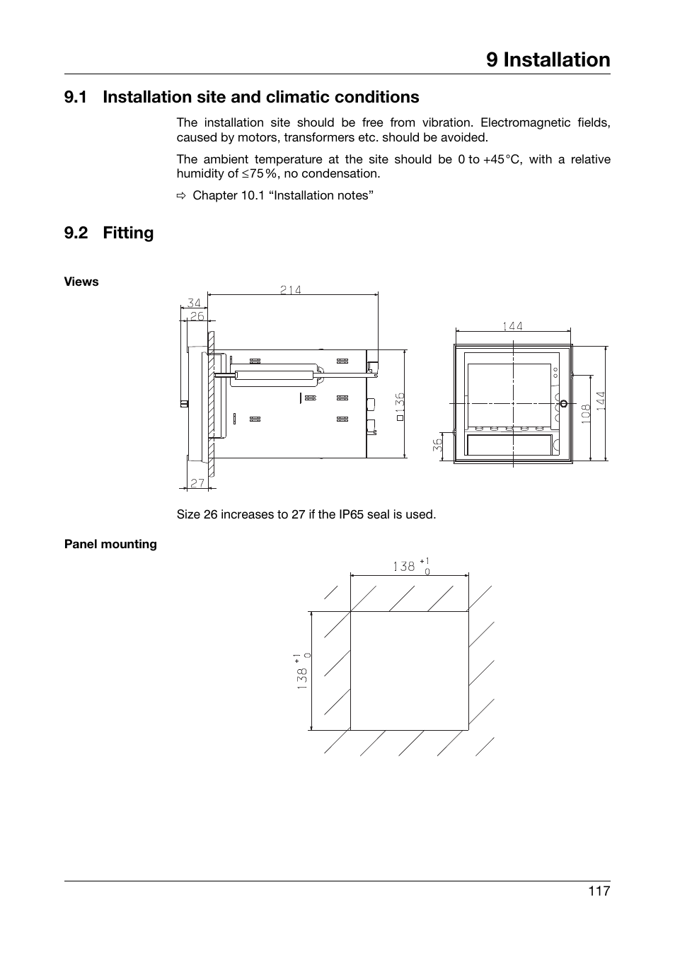 9 installation, 1 installation site and climatic conditions, 2 fitting | Installation, Installation site and climatic conditions, Fitting | JUMO 706510 LOGOSCREEN 500 cf Operating Manual User Manual | Page 117 / 140