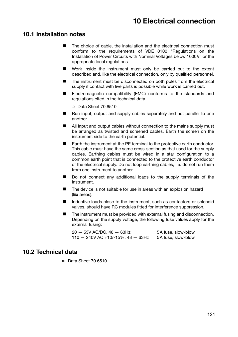 10 electrical connection, 1 installation notes, 2 technical data | Electrical connection | JUMO 706510 LOGOSCREEN 500 cf Operating Manual User Manual | Page 121 / 140