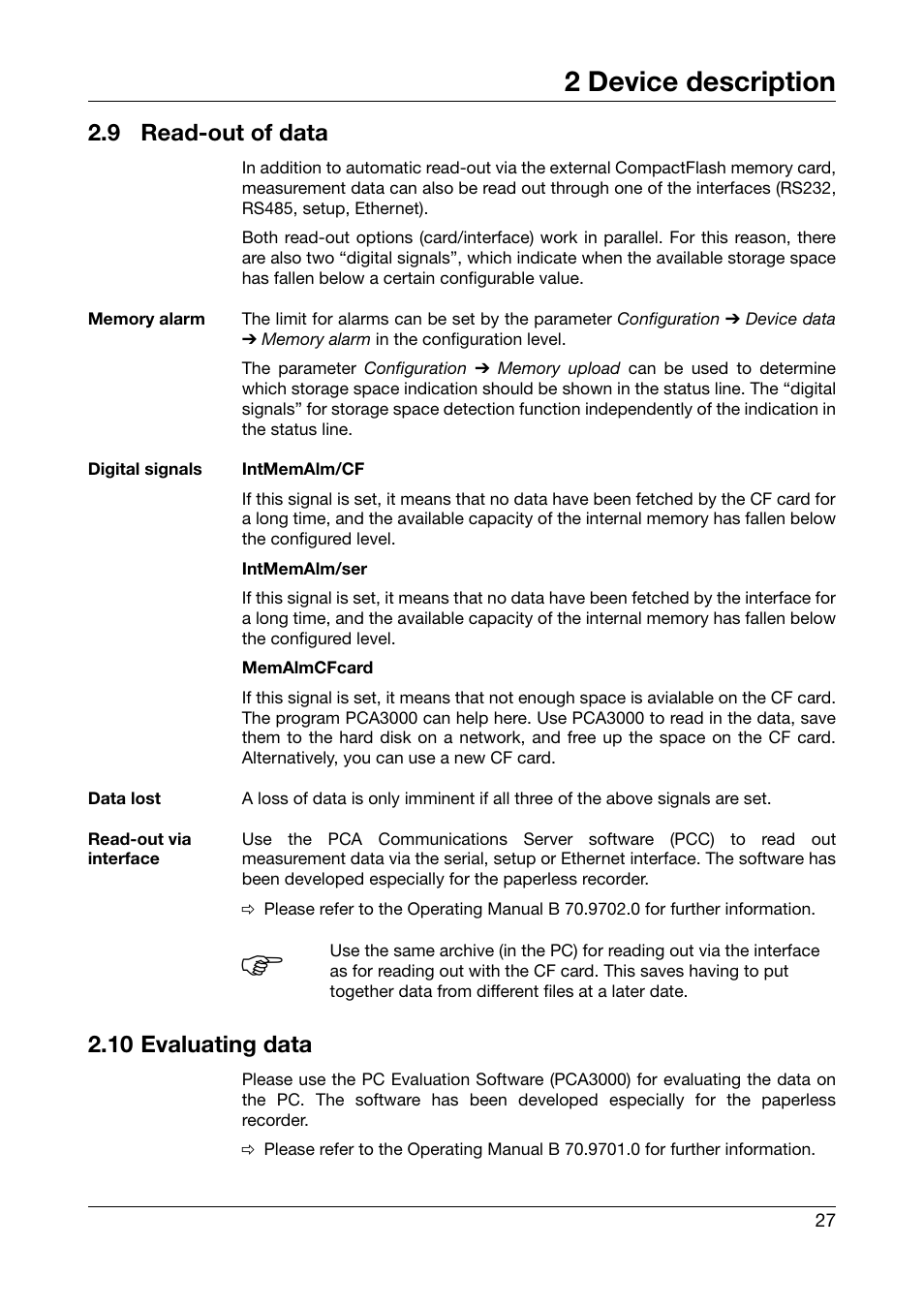 9 read-out of data, 10 evaluating data, Read-out of data | 2 device description | JUMO 706510 LOGOSCREEN 500 cf Operating Manual User Manual | Page 27 / 140