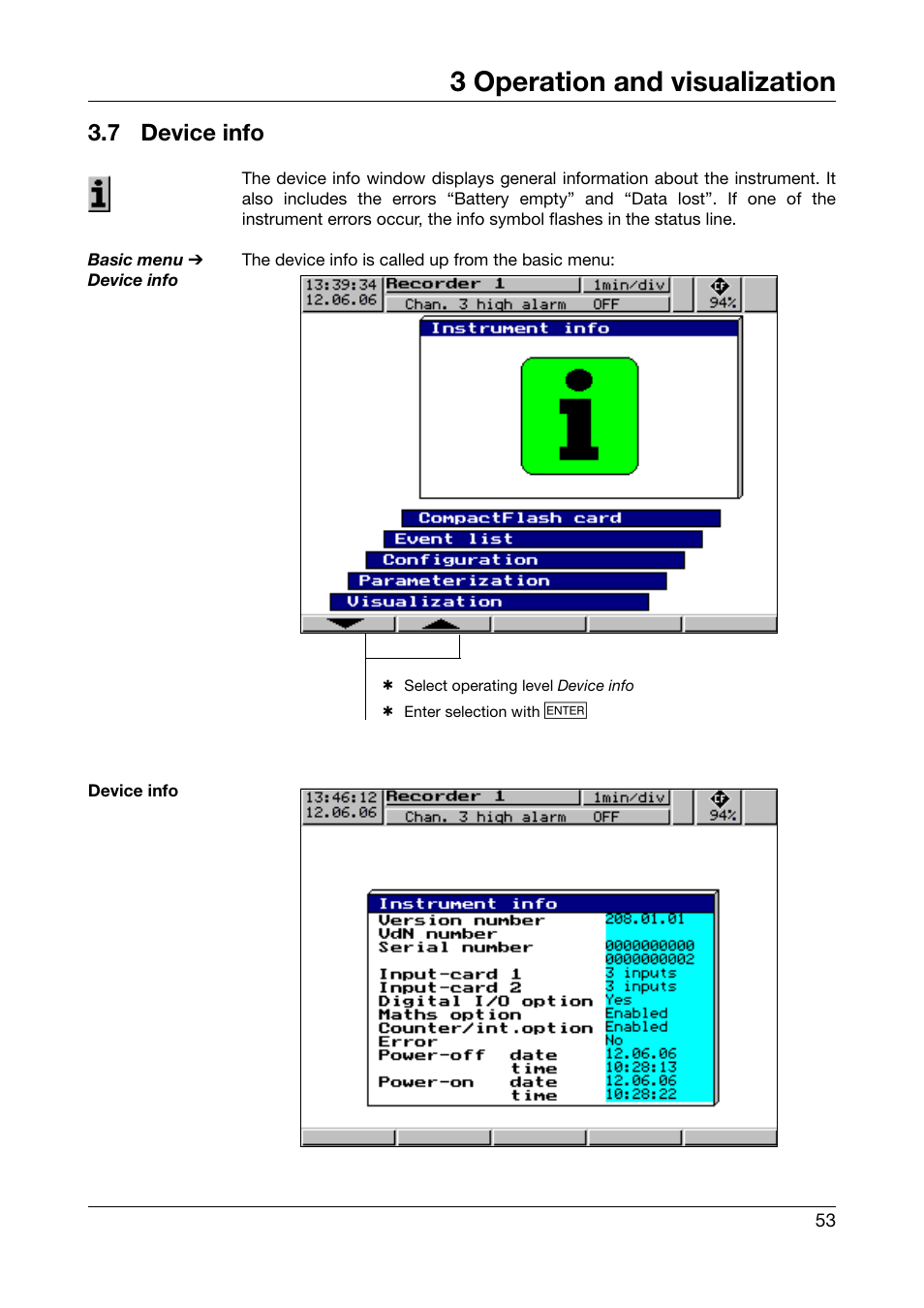 7 device info, Device info, Chapter 3.7 “device info | 3 operation and visualization | JUMO 706510 LOGOSCREEN 500 cf Operating Manual User Manual | Page 53 / 140