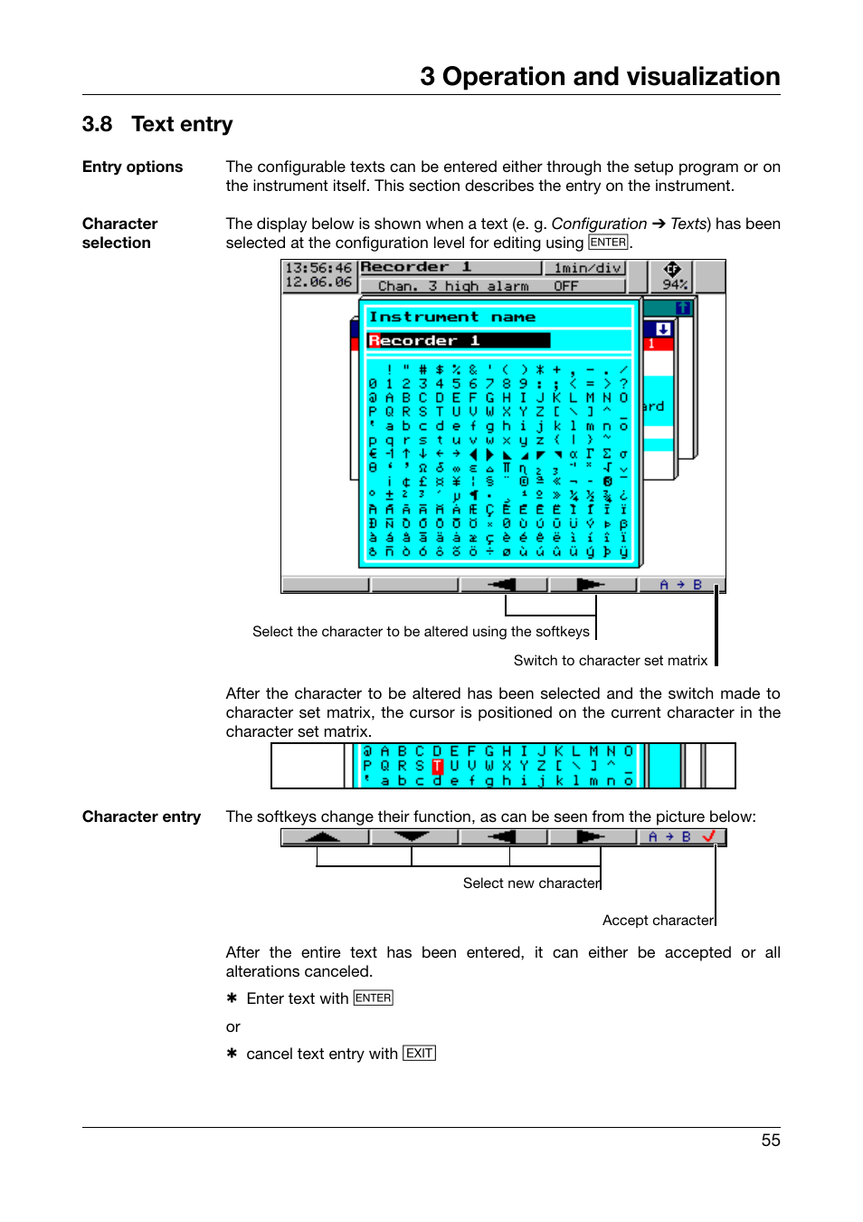 8 text entry, Text entry, 3 operation and visualization | JUMO 706510 LOGOSCREEN 500 cf Operating Manual User Manual | Page 55 / 140