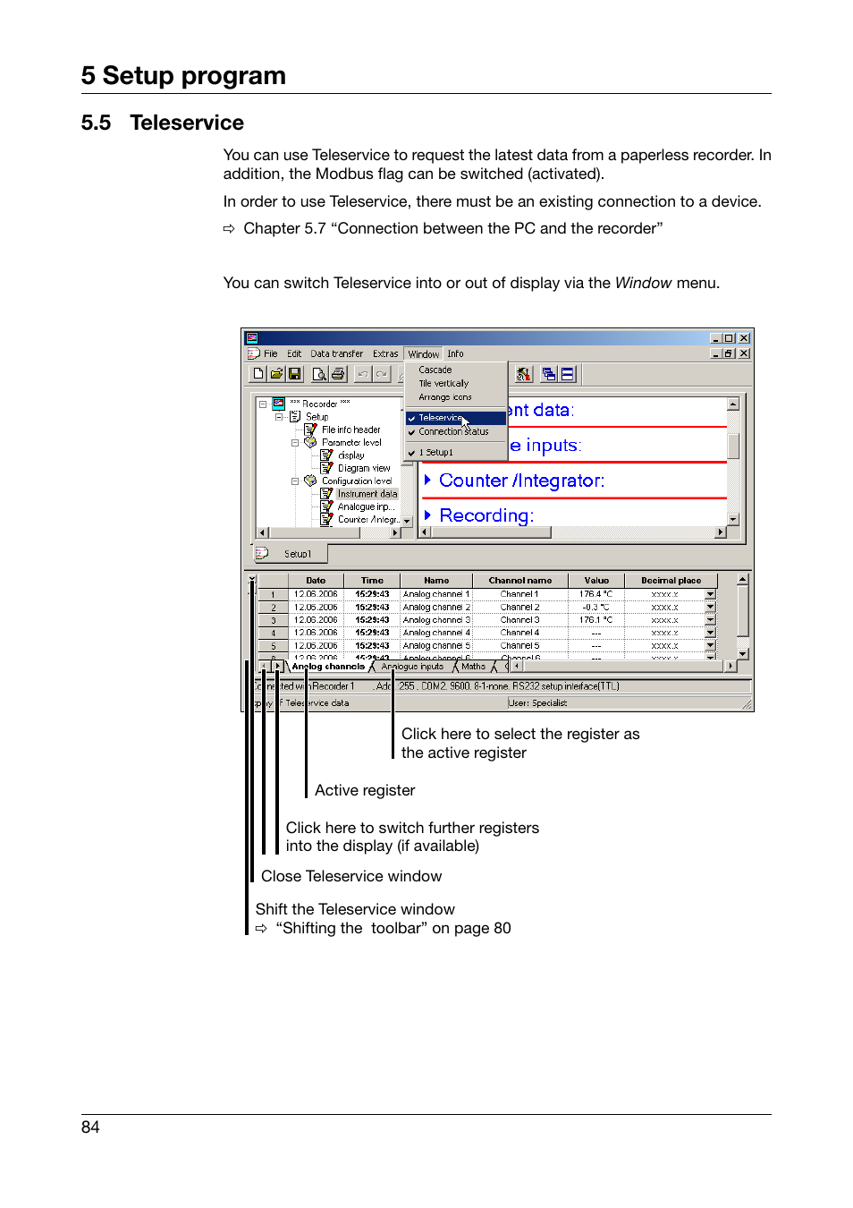 5 teleservice, Teleservice, 5 setup program | JUMO 706510 LOGOSCREEN 500 cf Operating Manual User Manual | Page 84 / 140