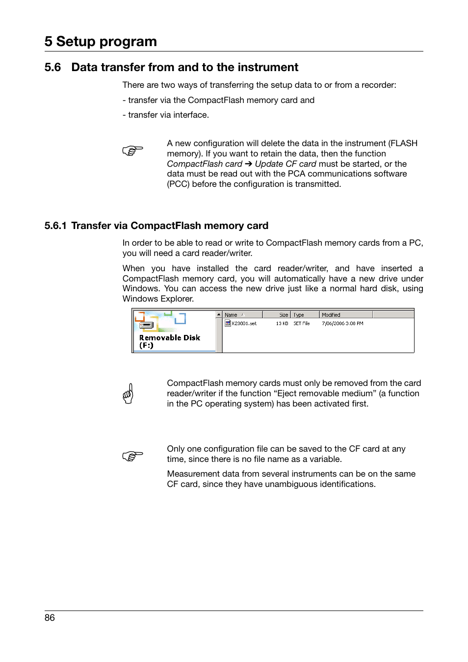 6 data transfer from and to the instrument, 1 transfer via compactflash memory card, Data transfer from and to the instrument | JUMO 706510 LOGOSCREEN 500 cf Operating Manual User Manual | Page 86 / 140