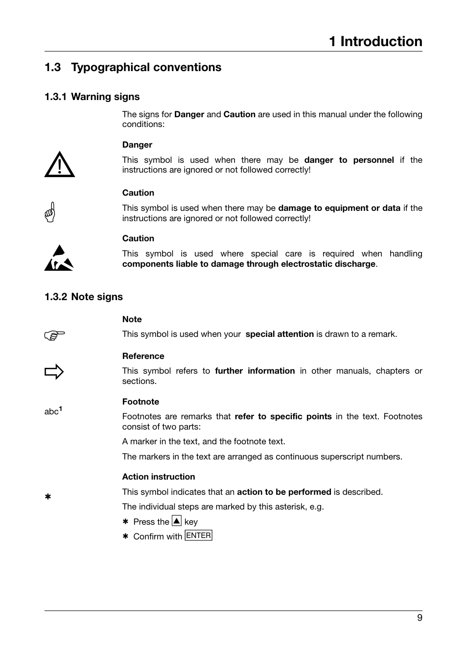 3 typographical conventions, 1 warning signs, 2 note signs | Typographical conventions, 1 warning signs 1.3.2 note signs, 1 introduction | JUMO 706510 LOGOSCREEN 500 cf Operating Manual User Manual | Page 9 / 140