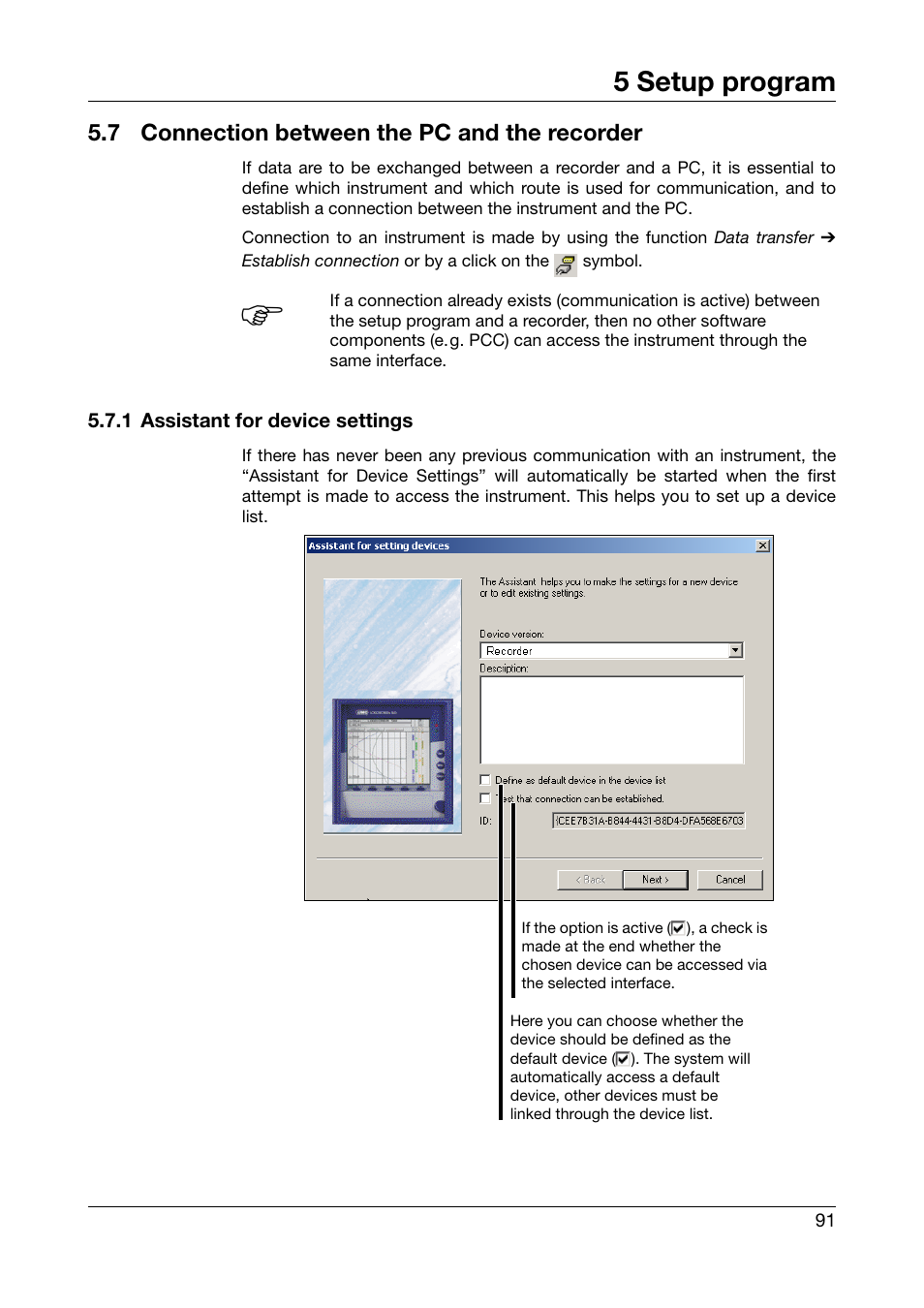 7 connection between the pc and the recorder, 1 assistant for device settings, Connection between the pc and the recorder | 5 setup program | JUMO 706510 LOGOSCREEN 500 cf Operating Manual User Manual | Page 91 / 140
