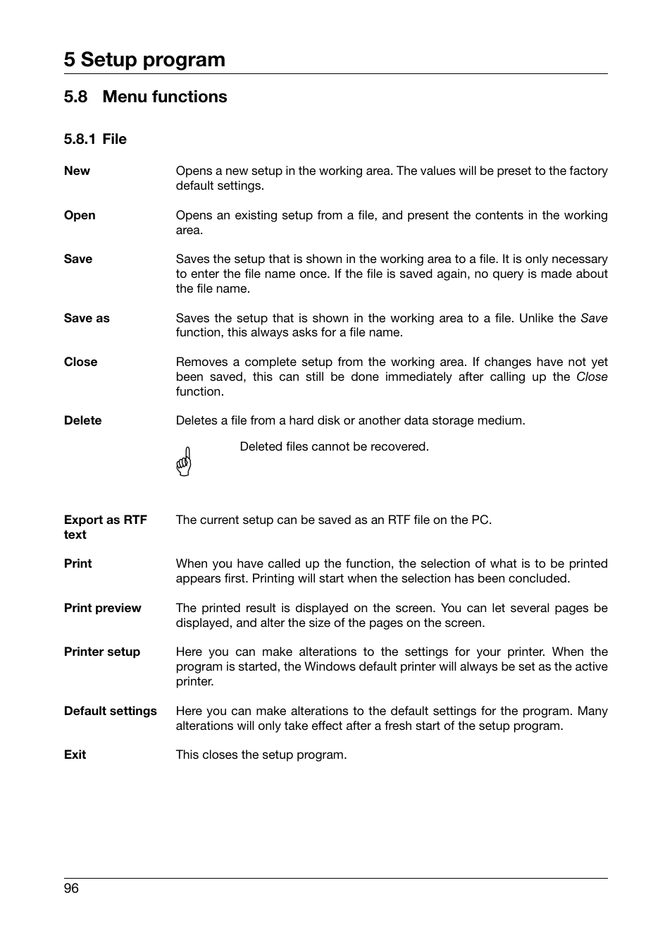 8 menu functions, 1 file, Menu functions | 5 setup program | JUMO 706510 LOGOSCREEN 500 cf Operating Manual User Manual | Page 96 / 140