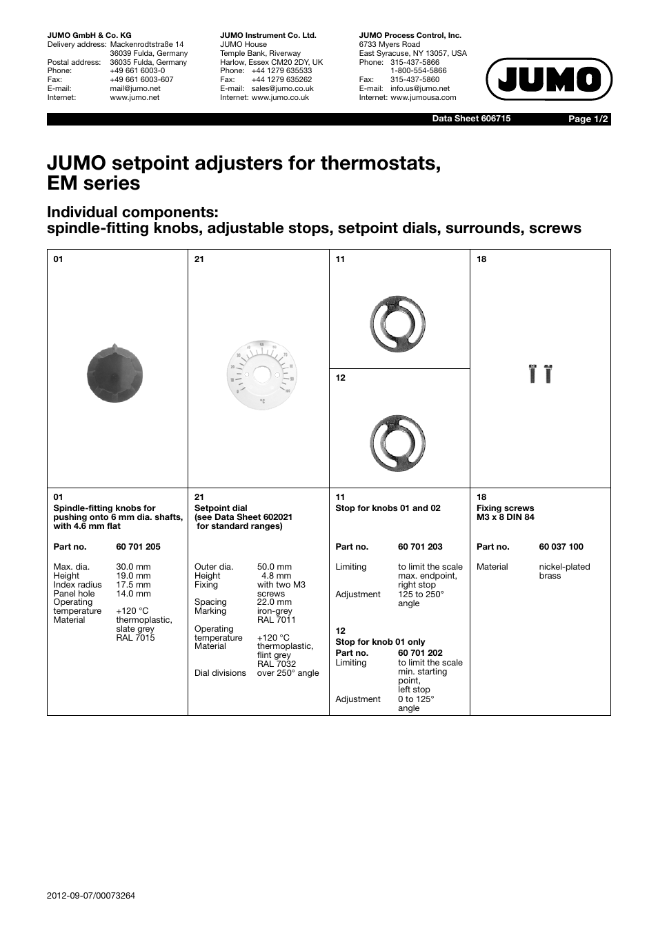 JUMO 606715 Setpoint Adjuster for Thermostats User Manual | 2 pages