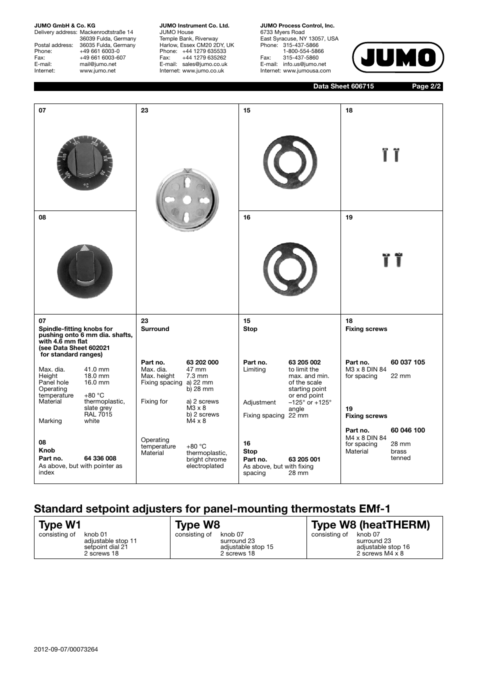 Type w1, Type w8, Type w8 (heattherm) | JUMO 606715 Setpoint Adjuster for Thermostats User Manual | Page 2 / 2