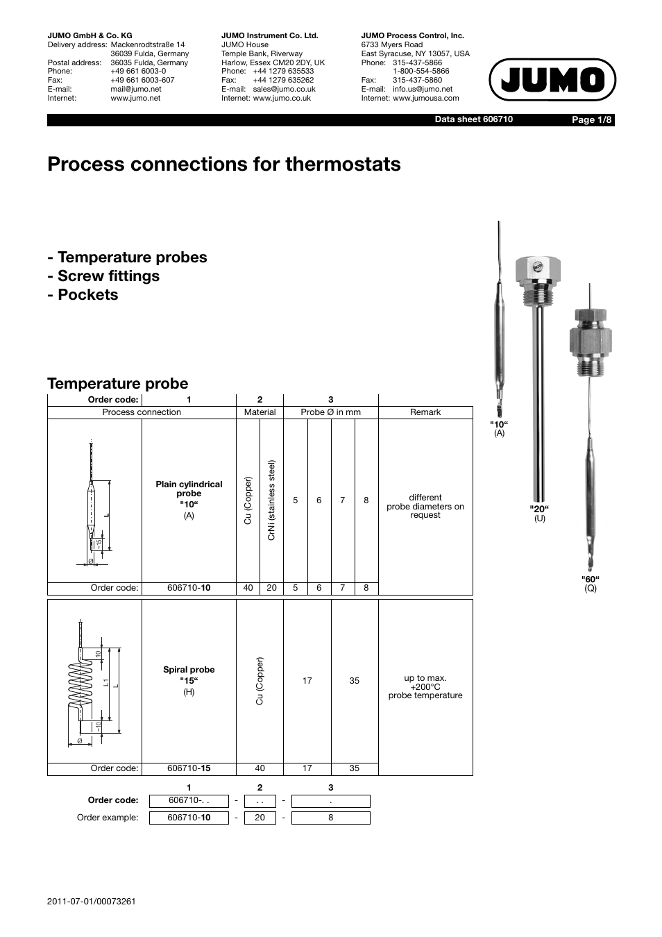 JUMO 60.6710 Process connections for thermostats User Manual | 8 pages