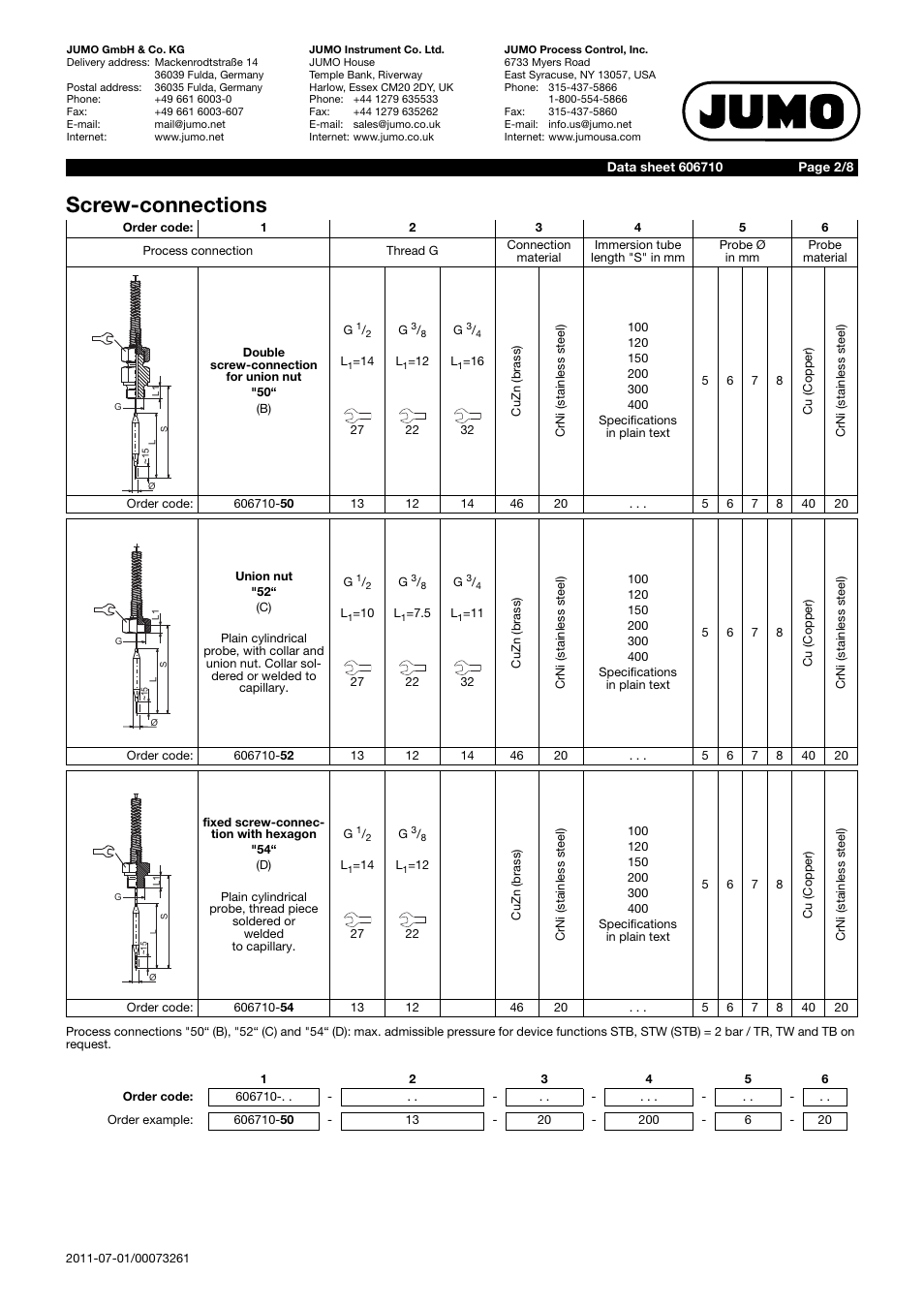 Screw-connections | JUMO 60.6710 Process connections for thermostats User Manual | Page 2 / 8
