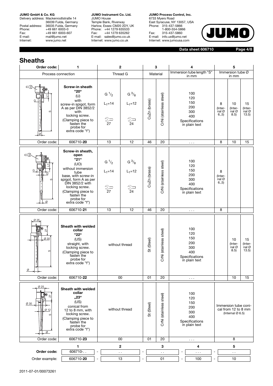Sheaths | JUMO 60.6710 Process connections for thermostats User Manual | Page 4 / 8