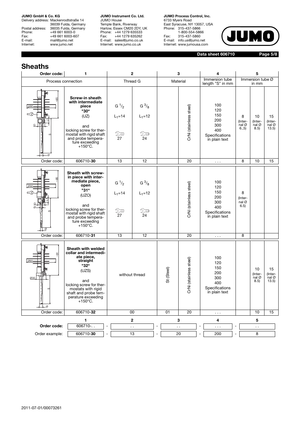 Sheaths | JUMO 60.6710 Process connections for thermostats User Manual | Page 5 / 8