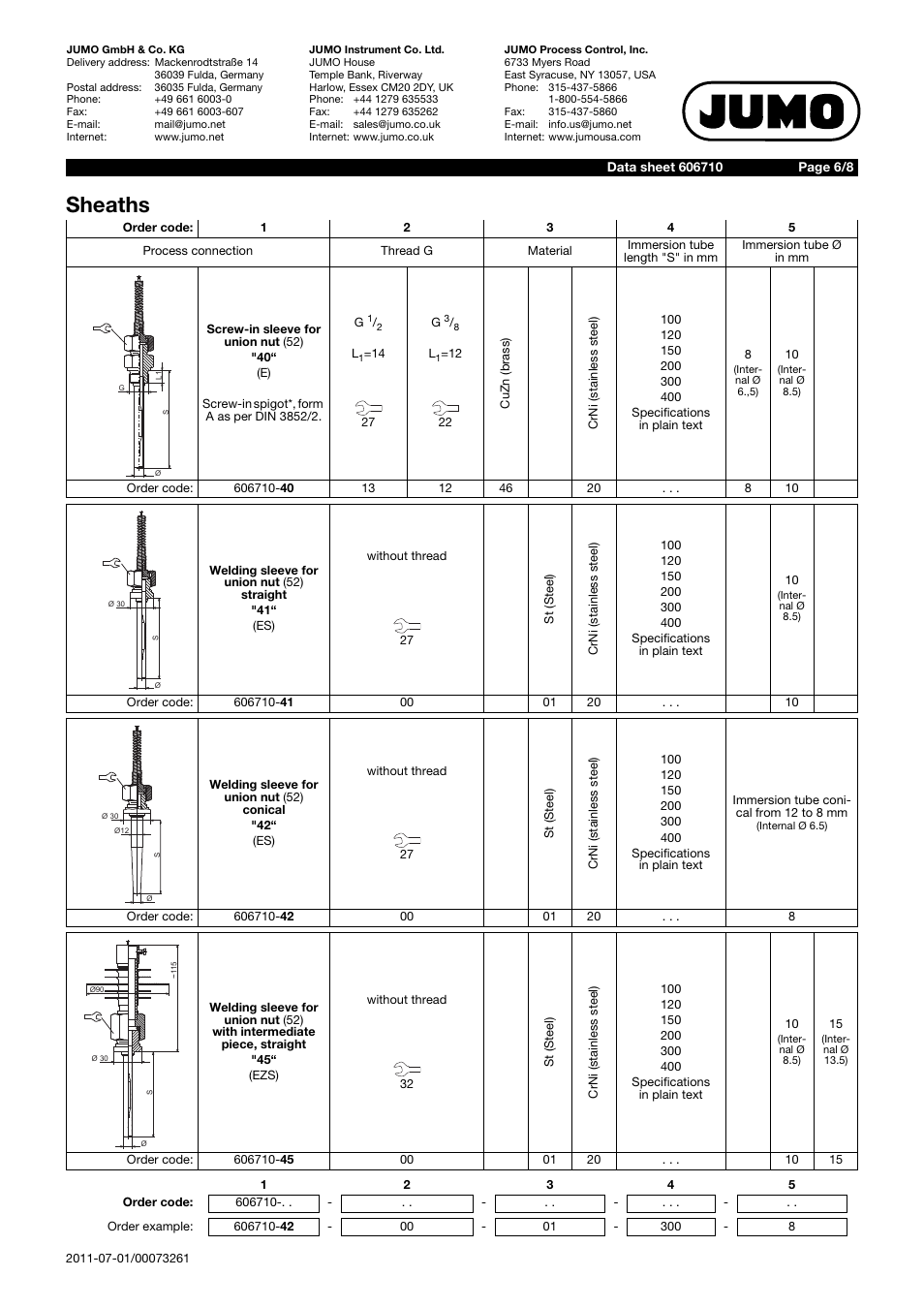 Sheaths | JUMO 60.6710 Process connections for thermostats User Manual | Page 6 / 8