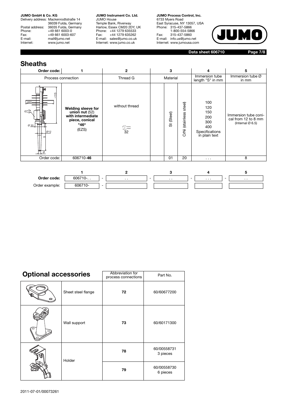 Sheaths, Optional accessories | JUMO 60.6710 Process connections for thermostats User Manual | Page 7 / 8