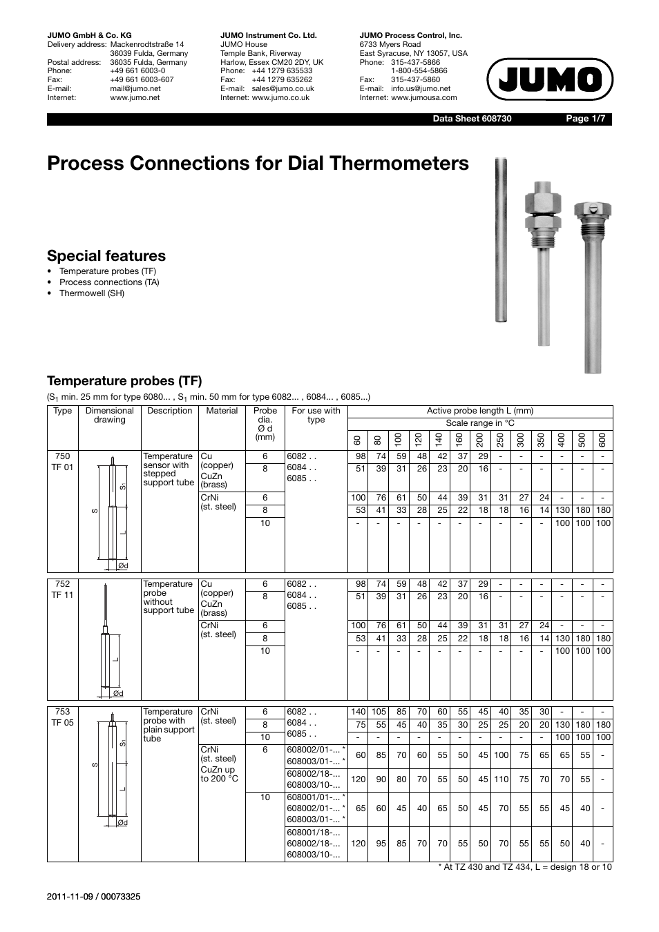 JUMO 60.8730 Process connections for dial thermometer User Manual | 7 pages