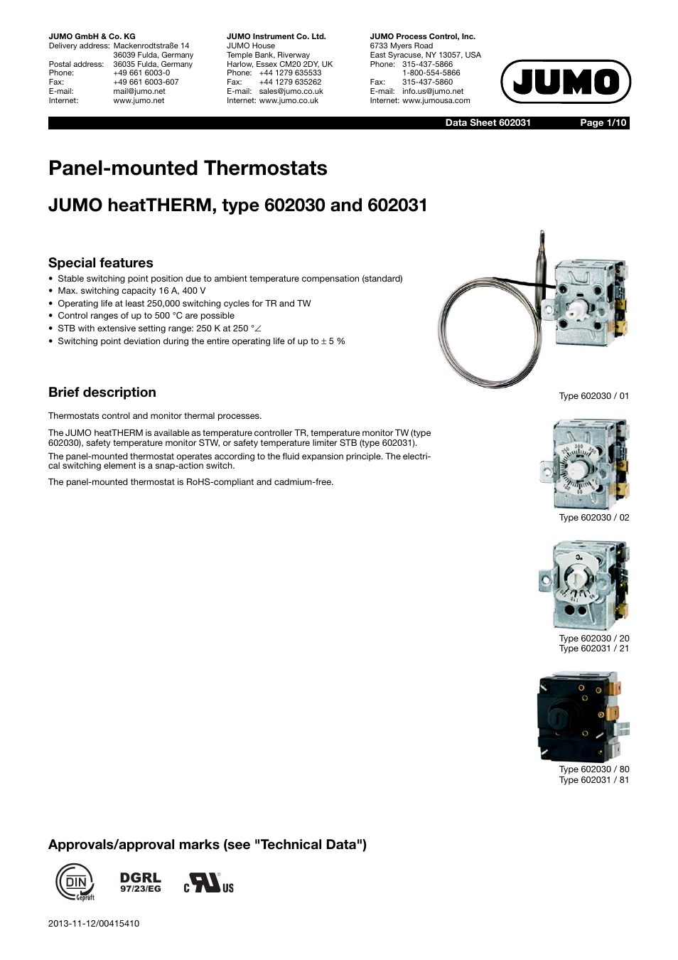 JUMO 602031 Panel-Mounted Thermostat, heatTHERM Data Sheet User Manual | 10 pages