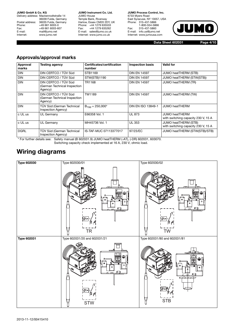 Wiring diagrams, Approvals/approval marks, Stw stb | JUMO 602031 Panel-Mounted Thermostat, heatTHERM Data Sheet User Manual | Page 4 / 10