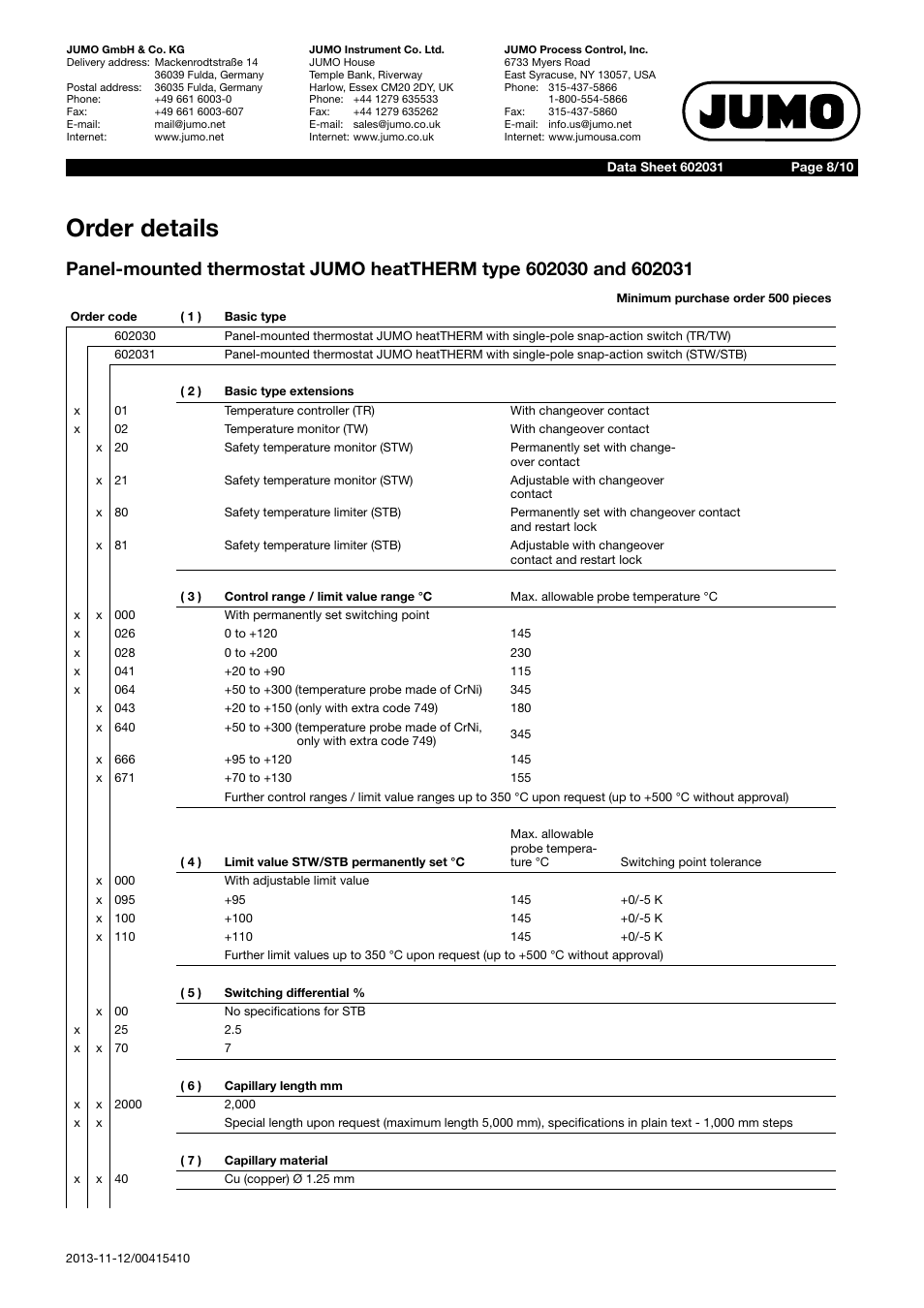 Order details | JUMO 602031 Panel-Mounted Thermostat, heatTHERM Data Sheet User Manual | Page 8 / 10