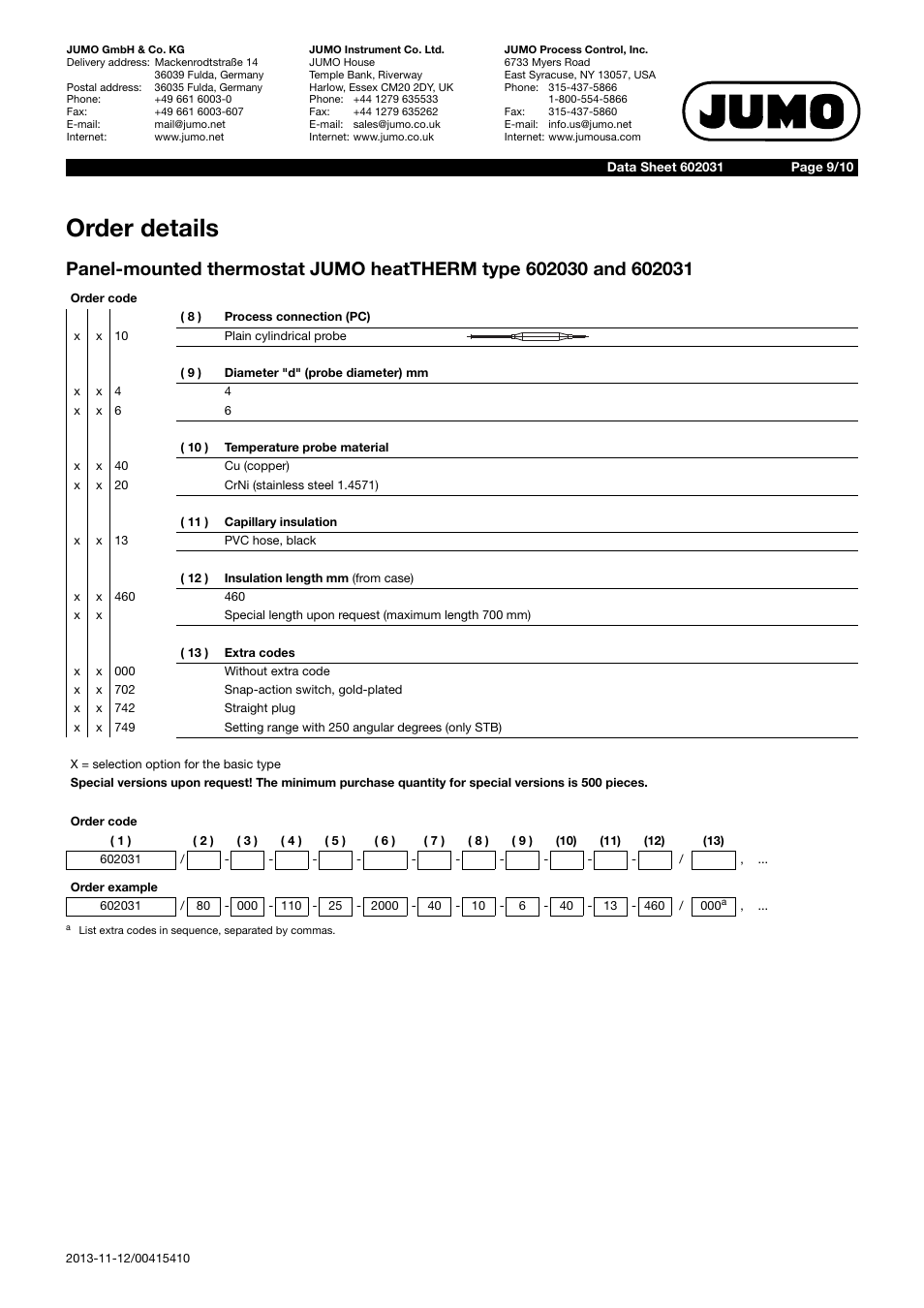 Order details | JUMO 602031 Panel-Mounted Thermostat, heatTHERM Data Sheet User Manual | Page 9 / 10