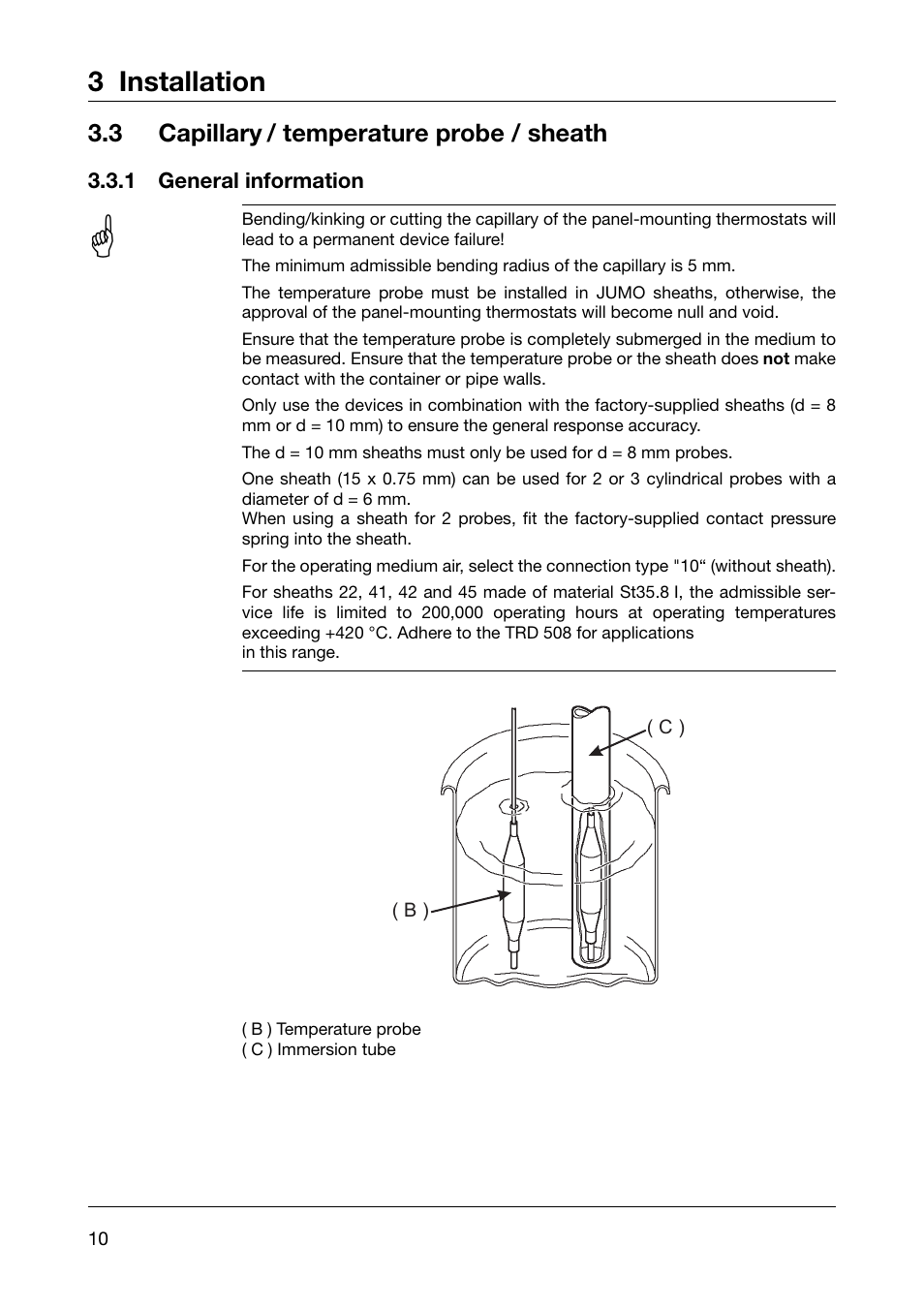 3 installation, 3 capillary, Temperature probe / sheath | JUMO 60.2026 Panel-mounting thermostat, EM Operating Manual User Manual | Page 10 / 24