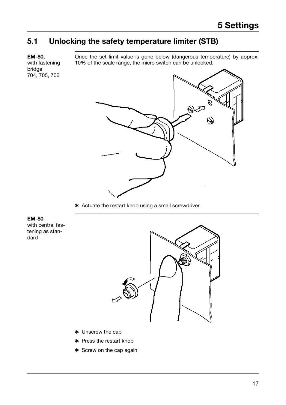 5 settings, 1 unlocking the safety temperature limiter (stb) | JUMO 60.2026 Panel-mounting thermostat, EM Operating Manual User Manual | Page 17 / 24