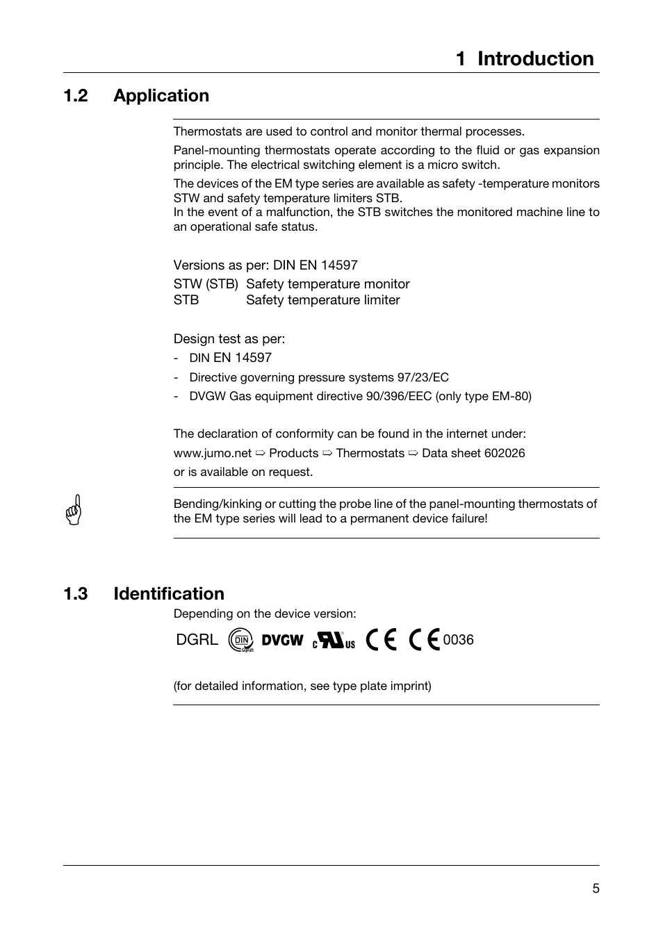 1 introduction, 2 application, 3 identification | JUMO 60.2026 Panel-mounting thermostat, EM Operating Manual User Manual | Page 5 / 24