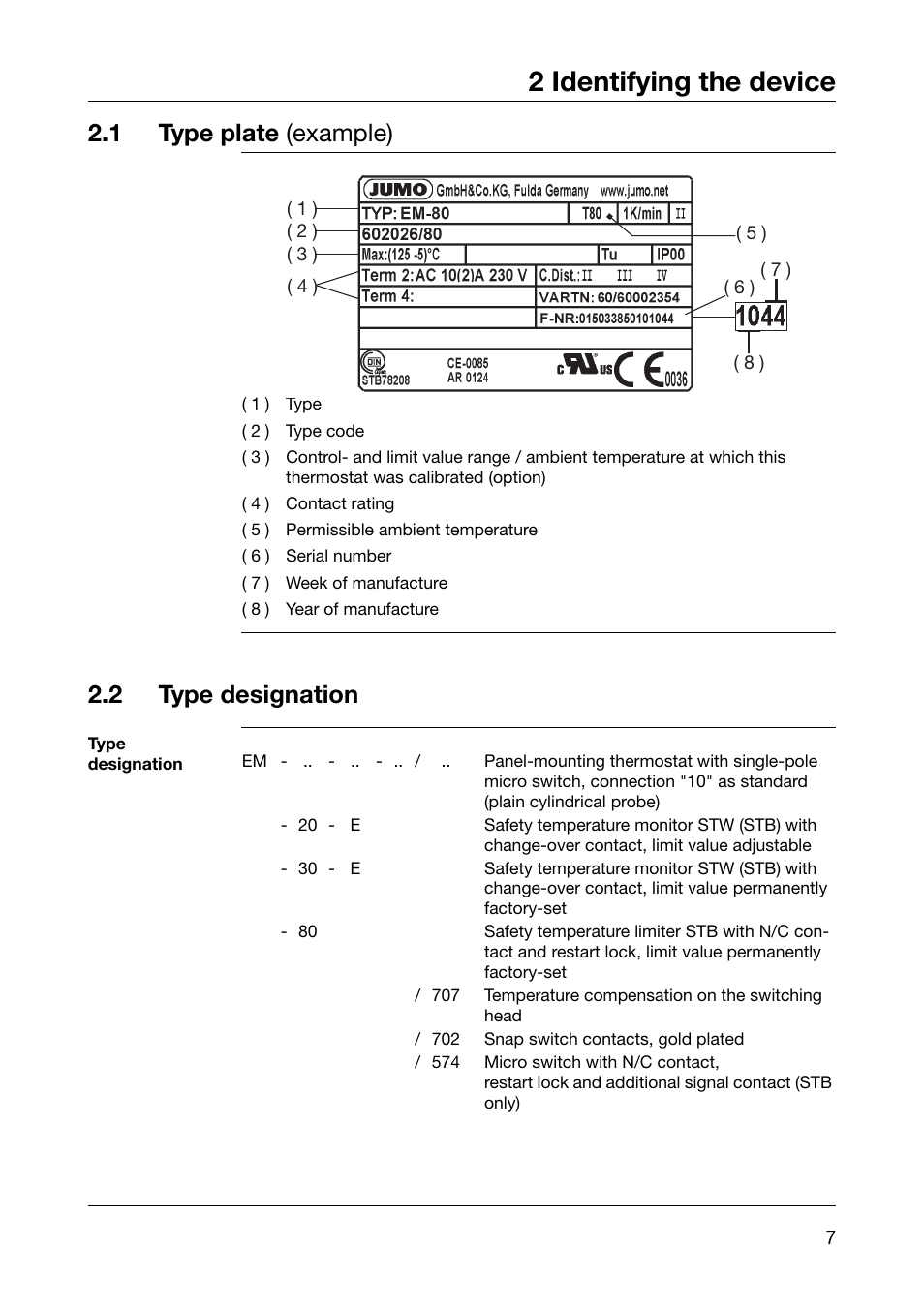 2 identifying the device, 1 type plate (example), 2 type designation | JUMO 60.2026 Panel-mounting thermostat, EM Operating Manual User Manual | Page 7 / 24