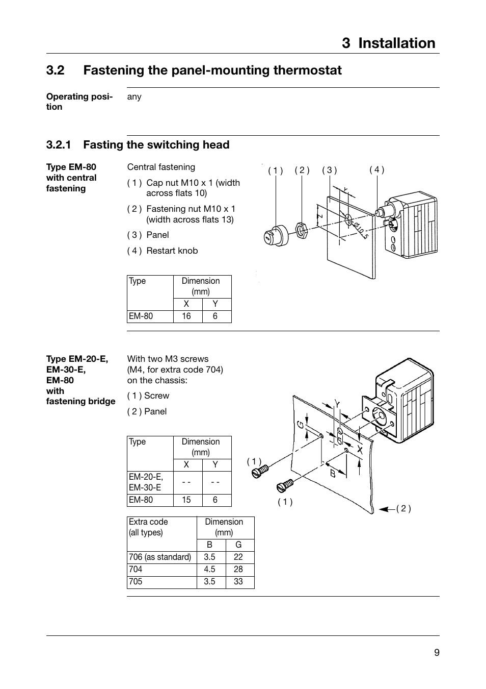 3 installation, 2 fastening the panel-mounting thermostat, 1 fasting the switching head | JUMO 60.2026 Panel-mounting thermostat, EM Operating Manual User Manual | Page 9 / 24