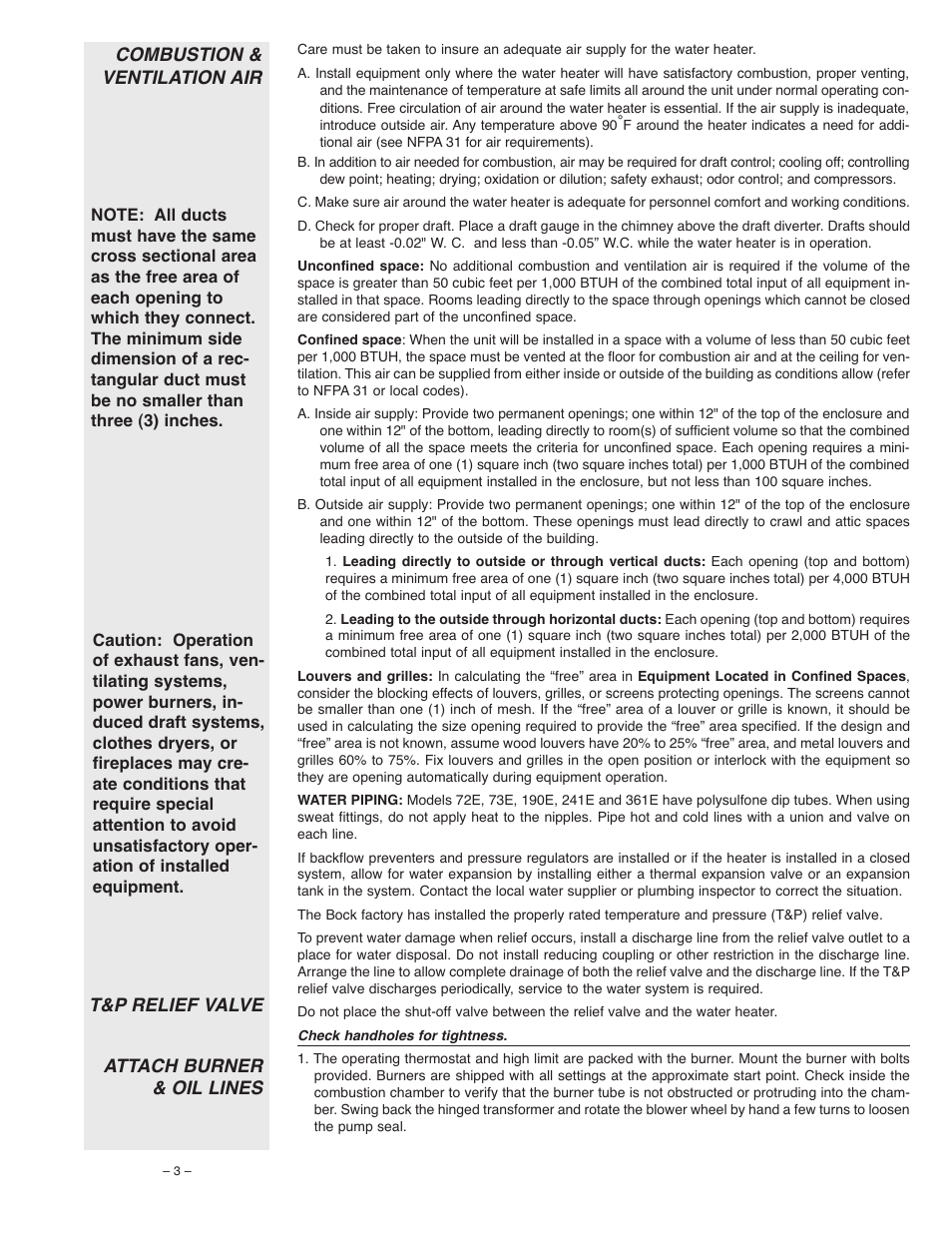 Combustion & ventilation air, T&p relief valve attach burner & oil lines | Bock Water heaters 73E User Manual | Page 3 / 8