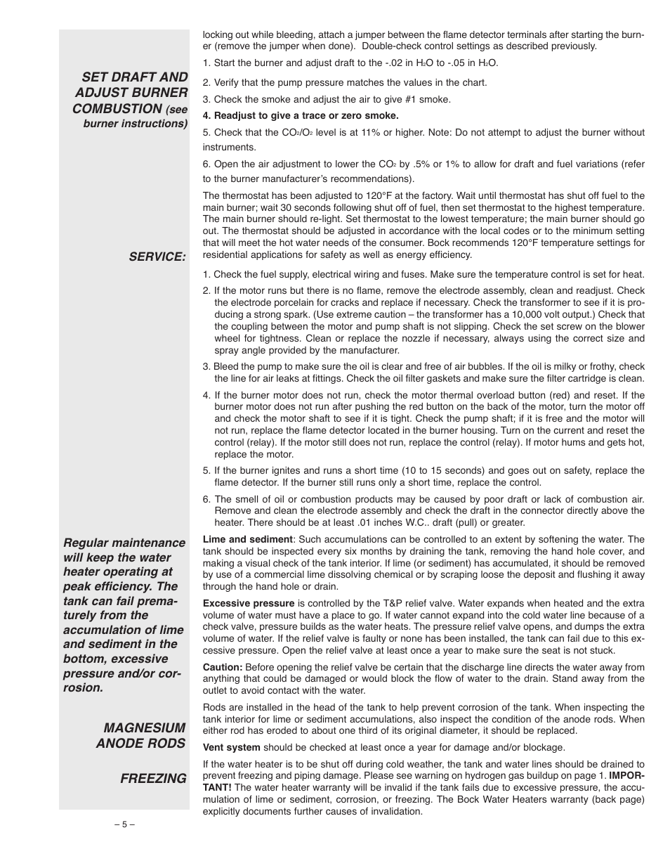 Set draft and adjust burner combustion, Magnesium anode rods freezing | Bock Water heaters 73E User Manual | Page 5 / 8