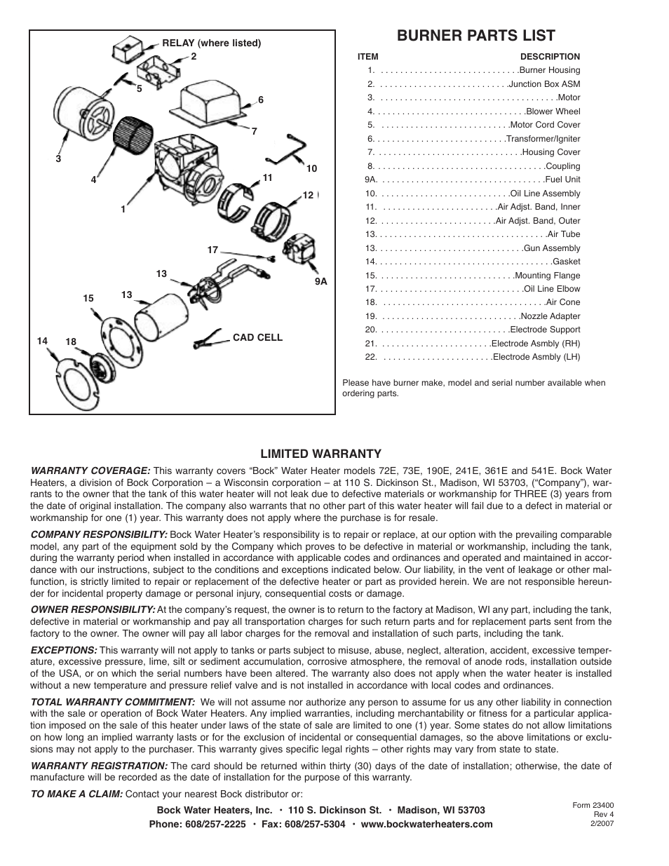 Burner parts list | Bock Water heaters 73E User Manual | Page 8 / 8