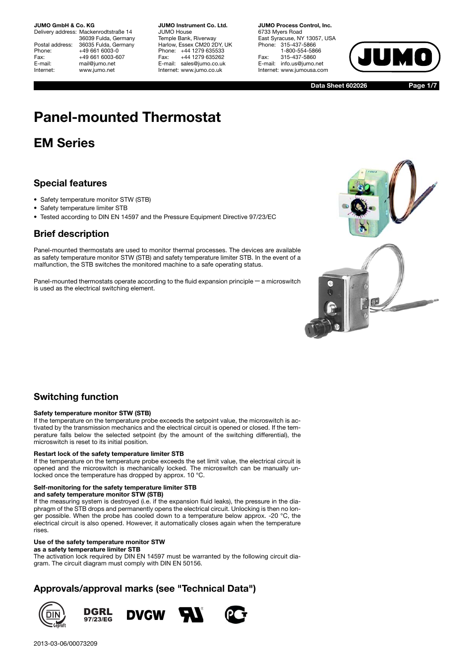 JUMO 60.2025 Panel-mounting thermostat, EM, up to 650C Data Sheet User Manual | 7 pages