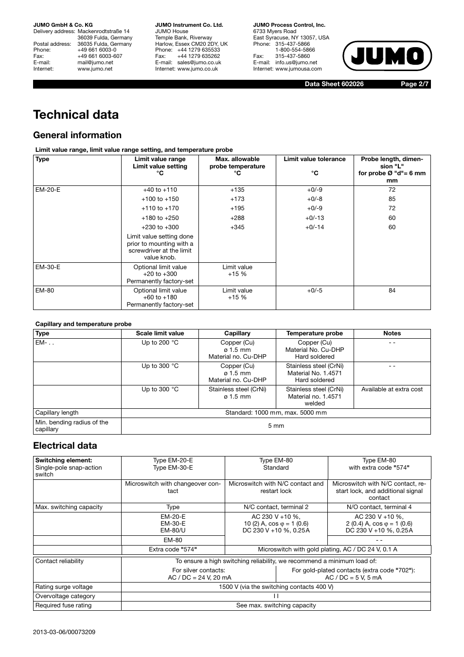 Technical data, General information electrical data | JUMO 60.2025 Panel-mounting thermostat, EM, up to 650C Data Sheet User Manual | Page 2 / 7