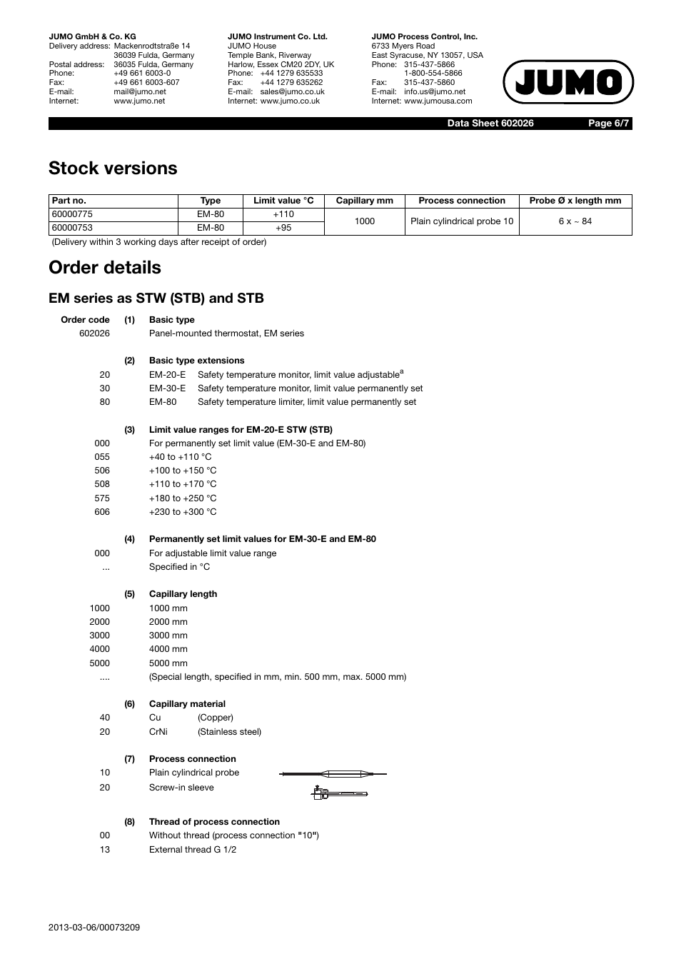 Stock versions order details, Em series as stw (stb) and stb | JUMO 60.2025 Panel-mounting thermostat, EM, up to 650C Data Sheet User Manual | Page 6 / 7