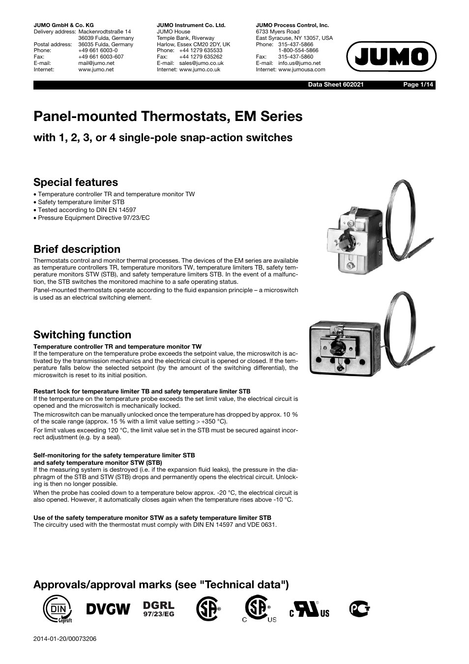 JUMO 602021 Panel-Mounted Thermostat EM Series Up to 500C Data Sheet User Manual | 14 pages