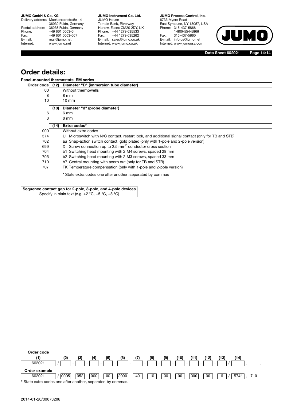 Order details | JUMO 602021 Panel-Mounted Thermostat EM Series Up to 500C Data Sheet User Manual | Page 14 / 14