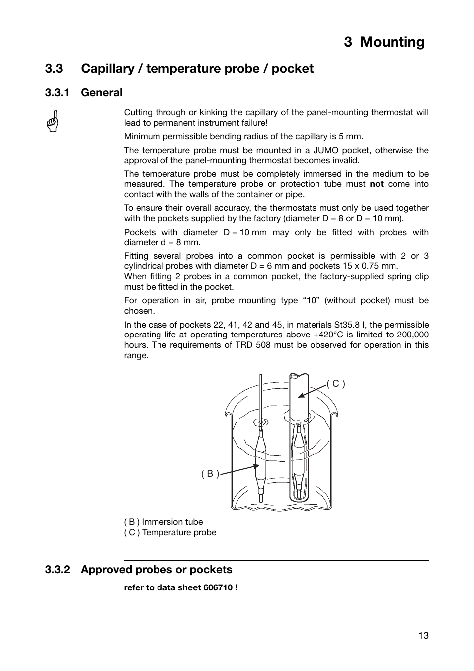 3 mounting, 3 capillary / temperature probe / pocket | JUMO 602021 Panel-Mounted Thermostat EM Series Up to 500C Operating Manual User Manual | Page 13 / 28