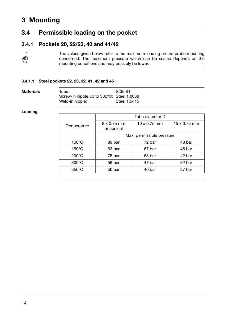 3 mounting, 4 permissible loading on the pocket | JUMO 602021 Panel-Mounted Thermostat EM Series Up to 500C Operating Manual User Manual | Page 14 / 28
