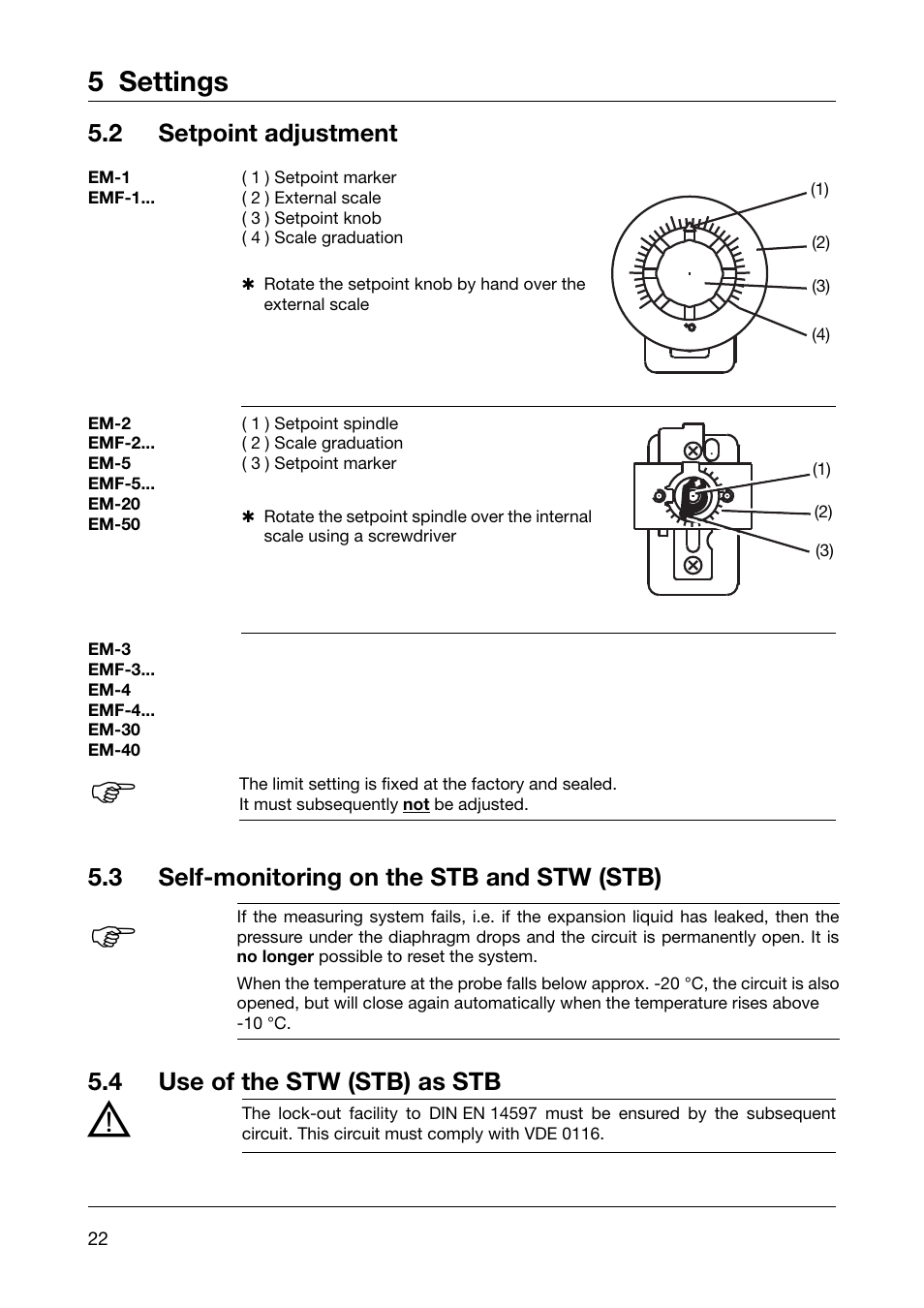 5 settings, 2 setpoint adjustment | JUMO 602021 Panel-Mounted Thermostat EM Series Up to 500C Operating Manual User Manual | Page 22 / 28