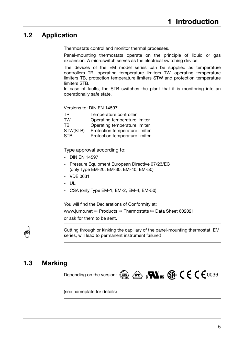 1 introduction, 2 application, 3 marking | JUMO 602021 Panel-Mounted Thermostat EM Series Up to 500C Operating Manual User Manual | Page 5 / 28