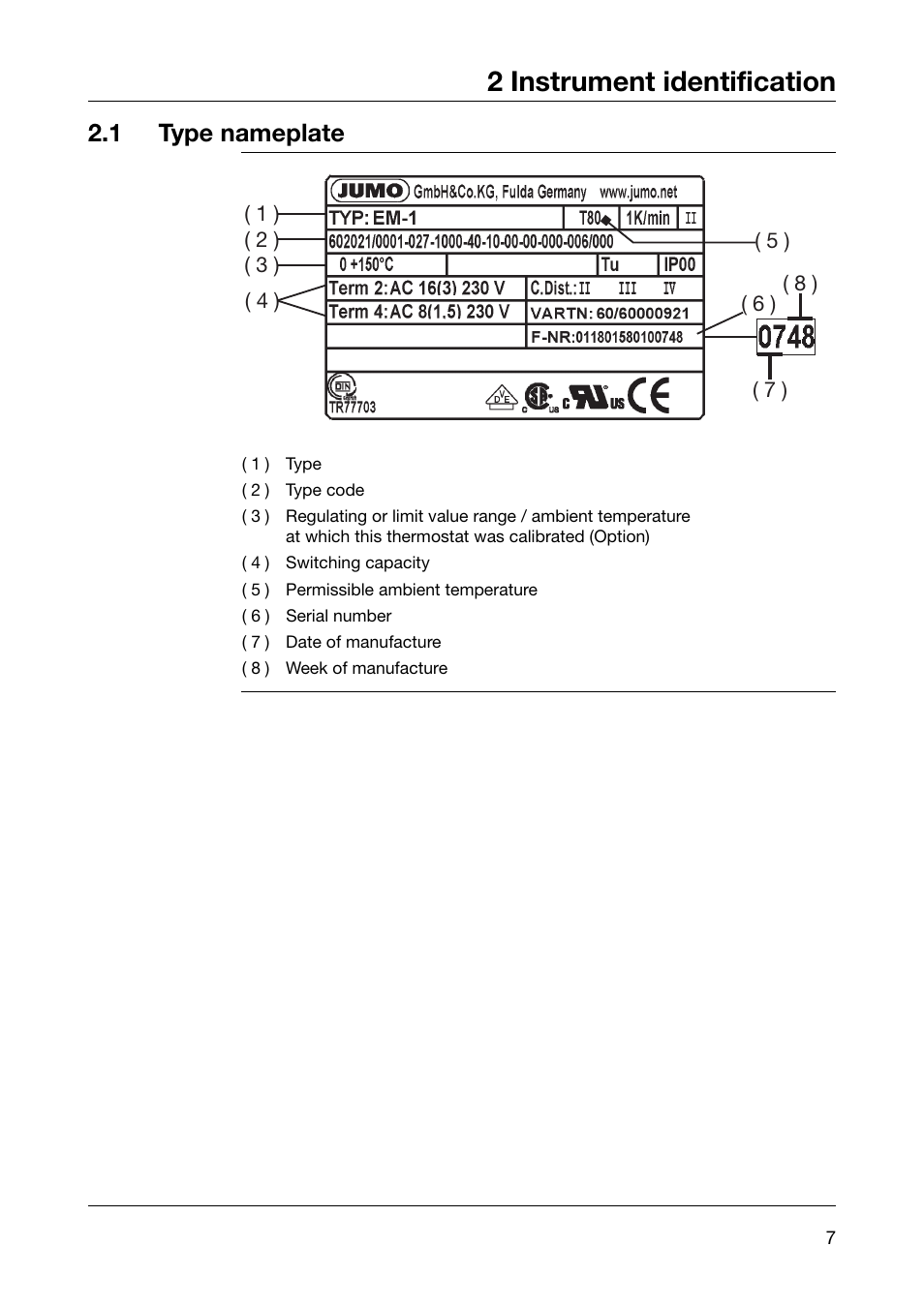 2 instrument identification, 1 type nameplate | JUMO 602021 Panel-Mounted Thermostat EM Series Up to 500C Operating Manual User Manual | Page 7 / 28