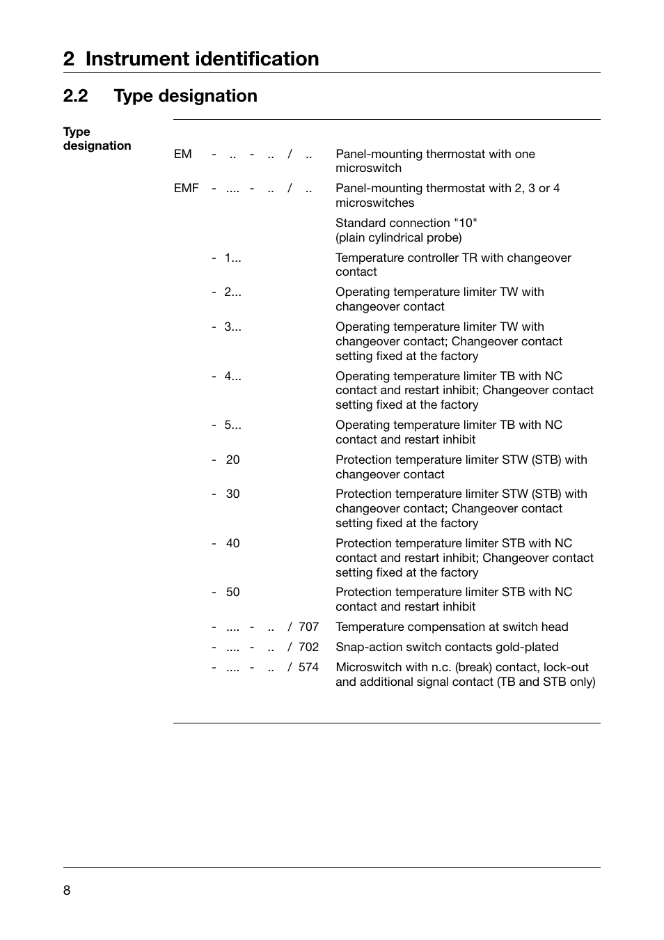 2 instrument identification, 2 type designation | JUMO 602021 Panel-Mounted Thermostat EM Series Up to 500C Operating Manual User Manual | Page 8 / 28