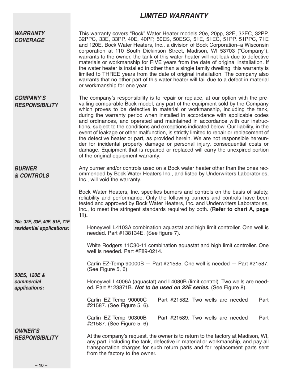 Limited warranty | Bock Water heaters 32E User Manual | Page 10 / 12