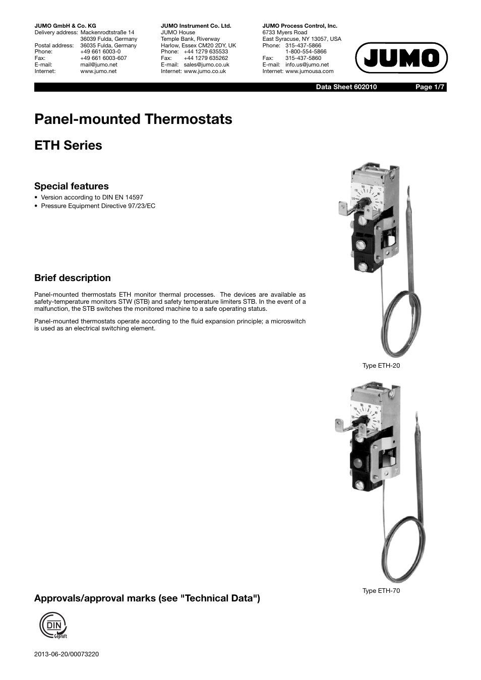 JUMO 60.2010 Panel-mounting thermostats, ETH Data Sheet User Manual | 7 pages