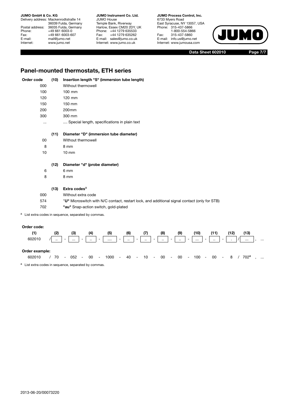 Panel-mounted thermostats, eth series | JUMO 60.2010 Panel-mounting thermostats, ETH Data Sheet User Manual | Page 7 / 7